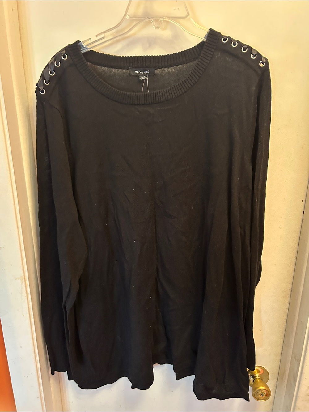 Verve Ami Black Crewneck Sweater with Shoulder Eyelets